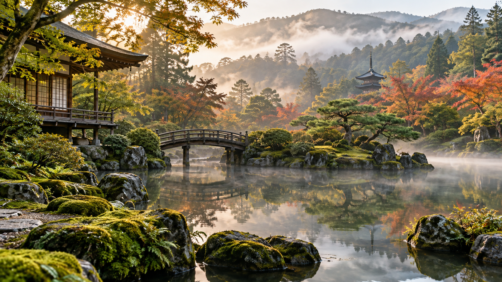 Jardim japonês sereno com ponte, lago e montanhas ao amanhecer